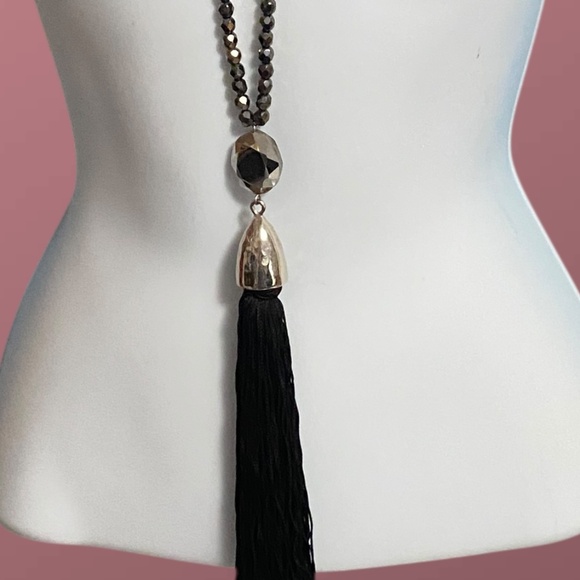 CHICO"S Glass Beads Black Silk Tassel Long Statement Necklace 31"-35" - Picture 5 of 7